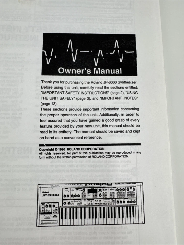 ROLAND JP-8000 SYNTHESIZER OWNER'S MANUAL - JP 8000 - JP8000 - Image 2 of 4