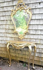 VINTAGE MID CENTURY ROCOCO SILVER GILT CONSOLE TABLE AND MIRROR
