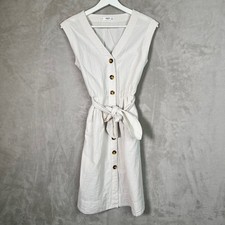 Mango Seersucker Dress XS 2 Beige Stripe Button Front Tie Waist Pockets Coastal