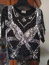 70s Vintage Butterfly Floral Sequin Blouse Silver Black 100 Silk Disco S/M