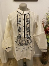 Barong Tagalog Men 2XL Organza W/ Fiber Embroidery Black Accent Double Lining.