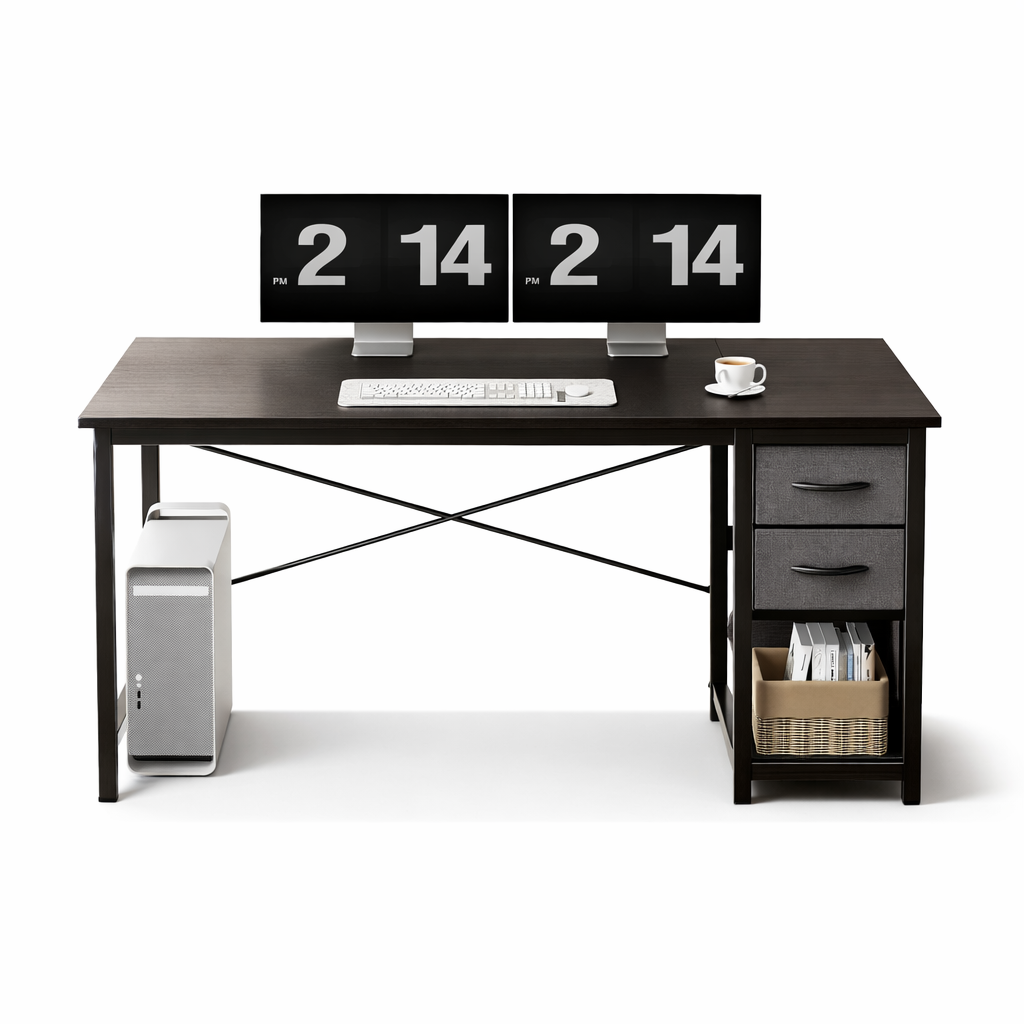 Computer Desk With 2 Storage Drawers, Work Study Gaming Office Home Brown Black