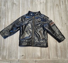 Sequoia Faux Leather Moto Biker Jacket Boys 4T Black Lined Patches Zip Pockets