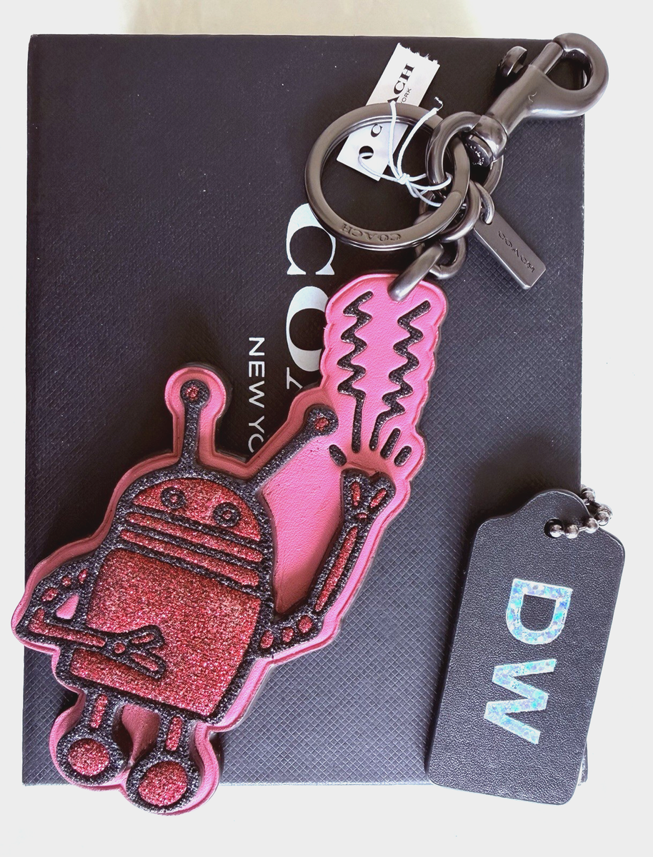NWT COACH X KEITH HARING ROBOT BAG CHARM PINK/MULTI GLITTER 66744