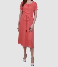 NY Collection Womens Pink Swiss Dot Scoop Neck Self-Tie Dress Pettie Size PM