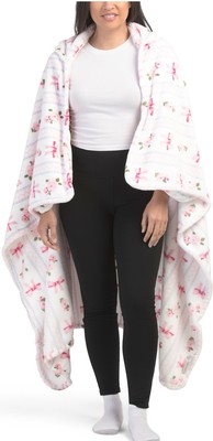 Laura Ashley Lila Pink Bows Flowers Cozy Hooded Throw Blanket NWT