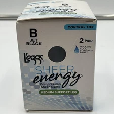 L'eggs Sheer Energy Women's Control Top 2 pair Pantyhose Size B Jet Black. NWT