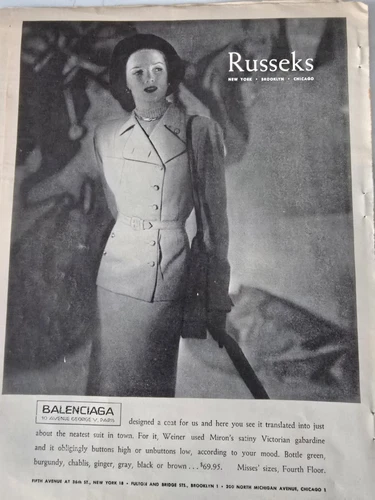 Tuta donna 1946 disegnata da Balenciaga per Weiner pubblicità russa vintage