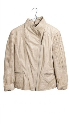 BONITA Women s Beige Faux Leather Jacket - Perforated Sleeves & Hem - Size 42 (L
