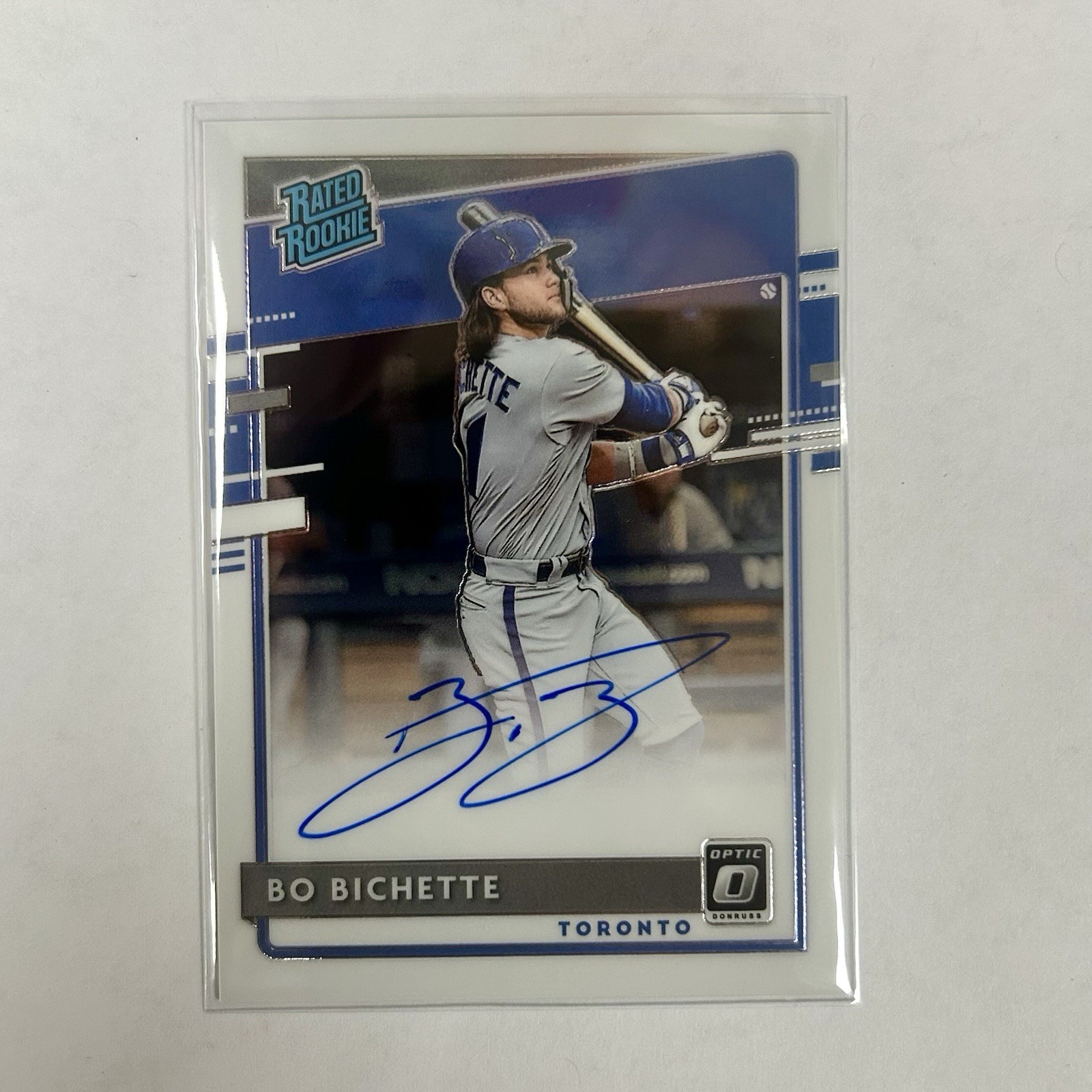 2020 Panini Donruss Optic Bo Bichette RC Rated Rookie #RRS-BI AUTO on card