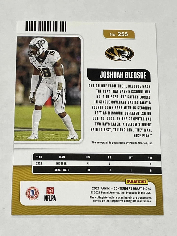 2021 Contenders Draft Football Red Autograph - Joshuah Bledsoe RC - Missouri - Image 2 of 2