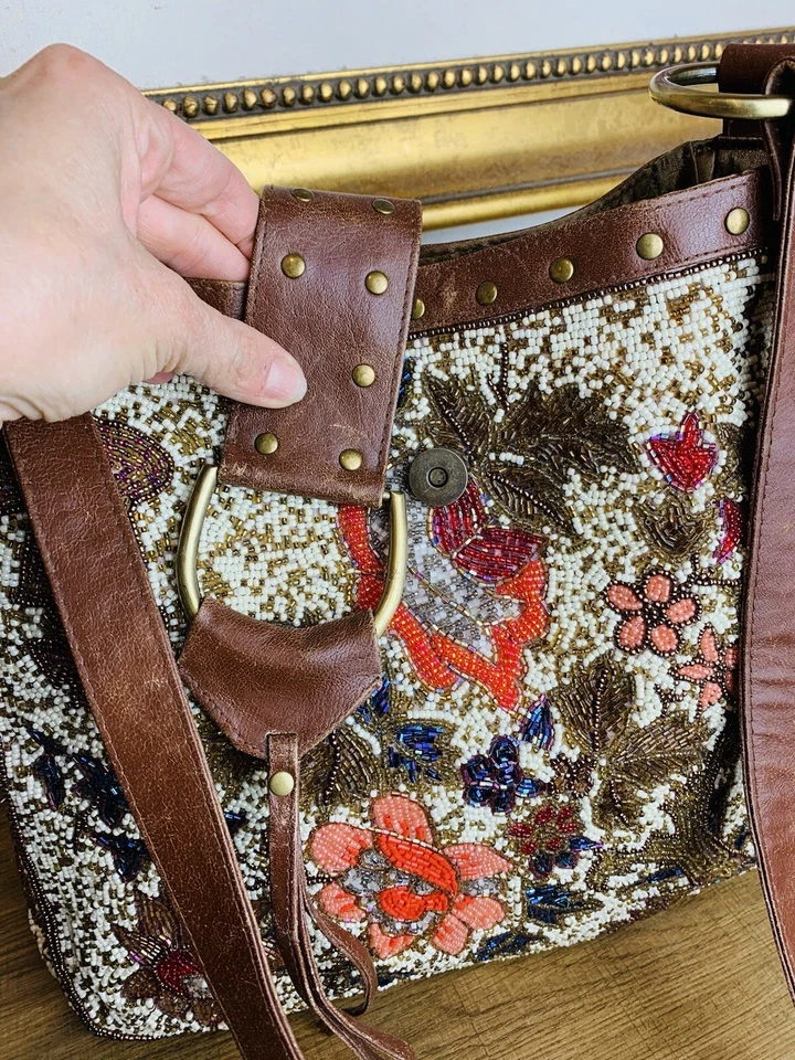 VTG Christiana Glass Hand Beaded White Earthtones Shoulder Bag Large Crossbody - Image 3 of 4