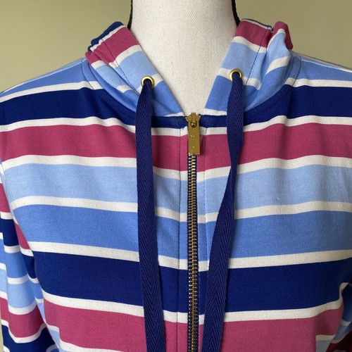 Felpa donna Crown & Ivy manica lunga blu rosa a righe con cappuccio zip intera cotone taglia S - Foto 3 di 8