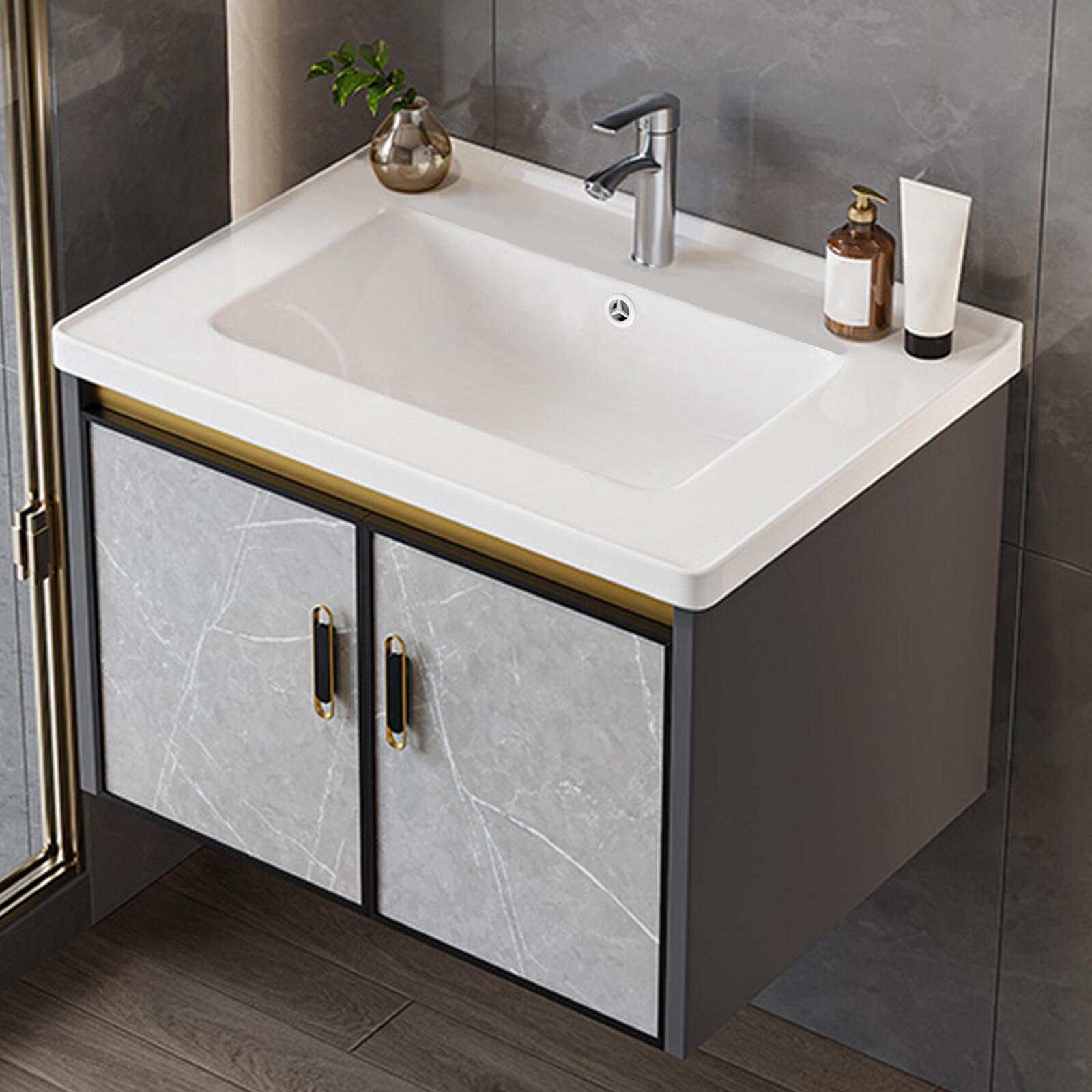 16/20/24in Wall Mounted Bathroom Vanity Cabinet Ceramic Sink Combo Drain