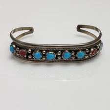 Annie Chapo Navajo Sterling Silver Turquoise Coral Cuff Bracelet  6.5"