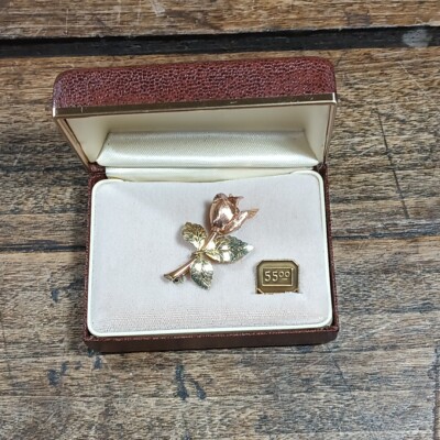 Krementz Gold Tone Brooch Pin Round Rose Delicate Vintage Box