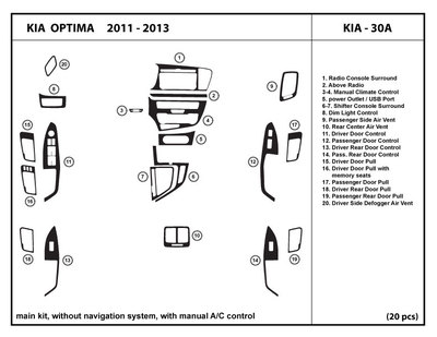 Dash Trim Kit for Kia Optima without navigation sys., with manual A/C 2011-2013