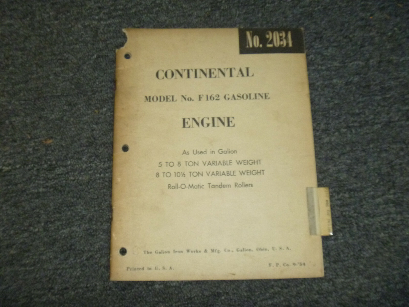 Continental F162 Engine Tandem Roller Operator Maintenance Service