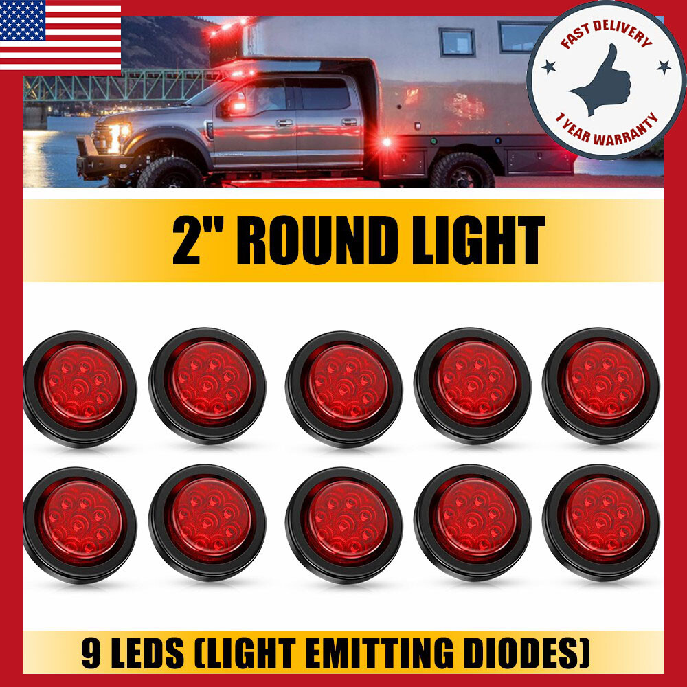 2-Inch DOT Red Round LED Trailer Marker Lights with Grommet for Truck RV 10-Pack