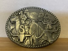 ZEE Series Vintage Silver Toned Belt Buckle "Cattle Drive" 813E VGUC 1 7/8 Belt