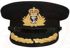 ROYAL NAVY OFFICER BLACK HAT, NAVAL CAPTAIN PEAK CAP, R N COMMANDERS CAP BADGE
