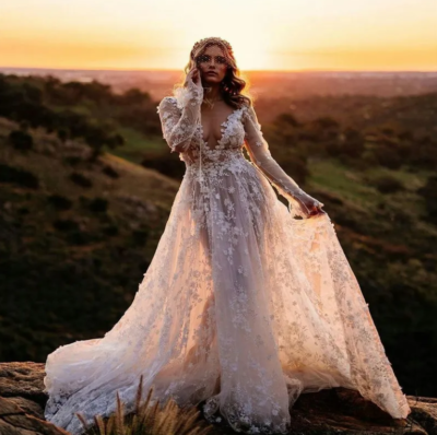 Vintage Floral Lace Wedding Dresses Long Sleeve V-Neck A-Line Country Bridal | eBay Vintage Floral Lace Wedding Dresses Long Sleeve V-Neck A-Line Country Bridal | eBay