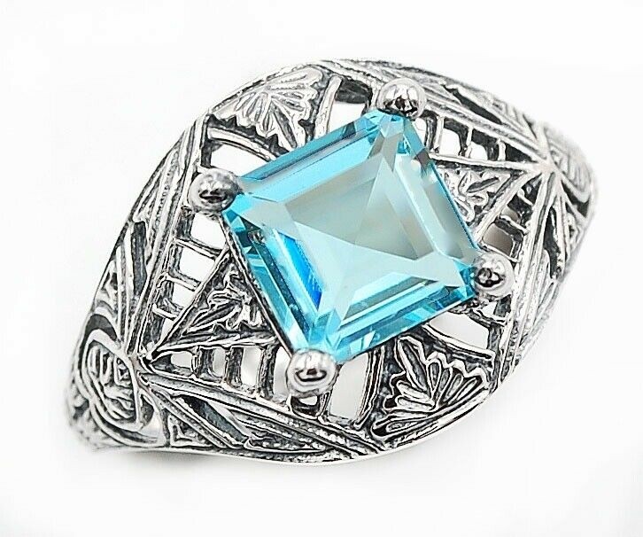  3CT Aquamarine 925 Sterling Silver Nouveau Style Ring Sz 7 Z6-8