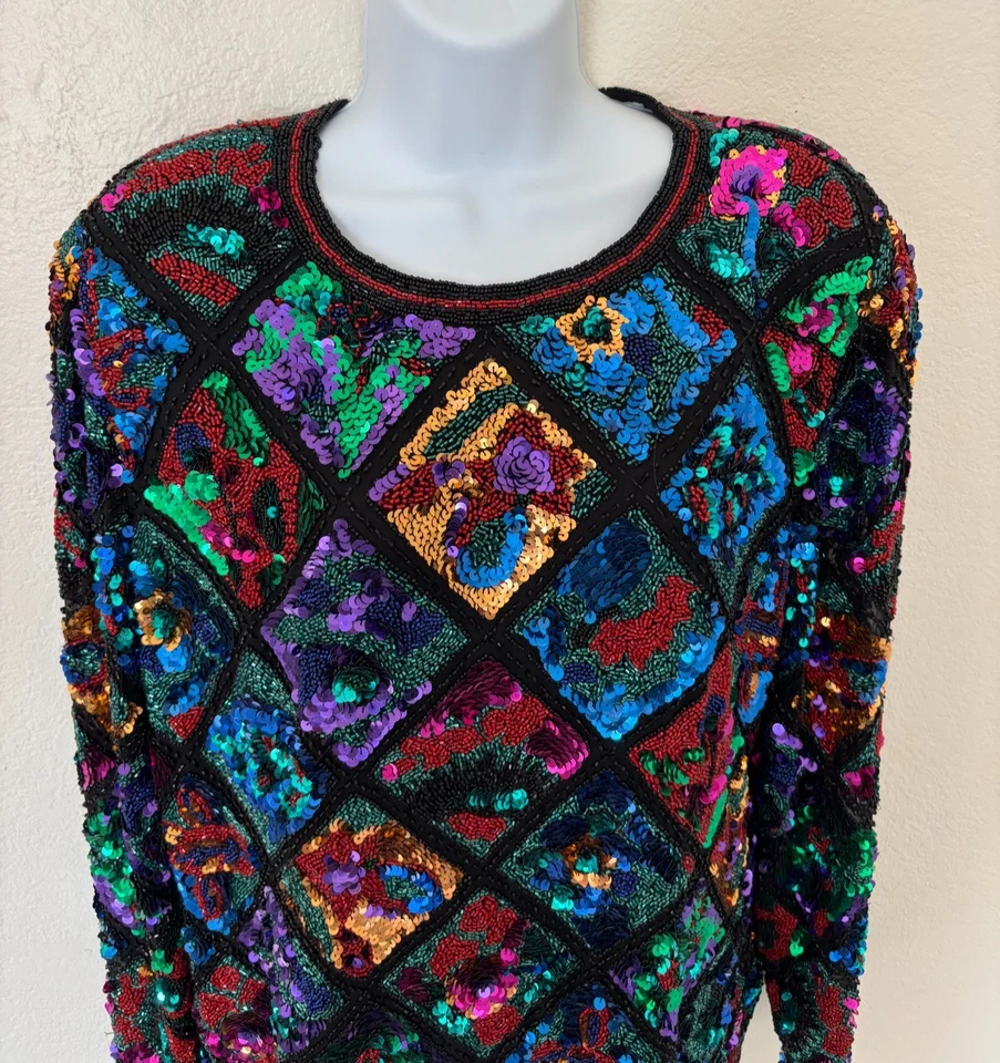 Top De Colección Corbata Negra Oleg Cassini Lentejuelas XL AÑOS 80 Fuerte Cuentas Cremallera Completa Forrada Trasera Foto 3 de 4