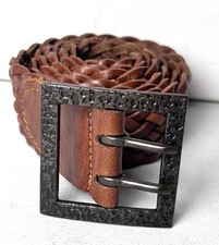 Brown Leather Woven Belt Sixe XL Metal Buckle Boho Preppy Beach