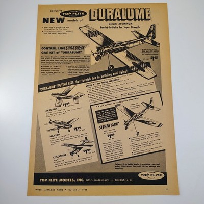 Top Flite Duralume Model Airplanes Kit Vintage Magazine Ad 1958 RC Hobby