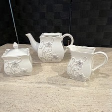 White Ceramic Floral Embossed Tea Set 12 oz Teapot, Creamer, Lidded Sugar