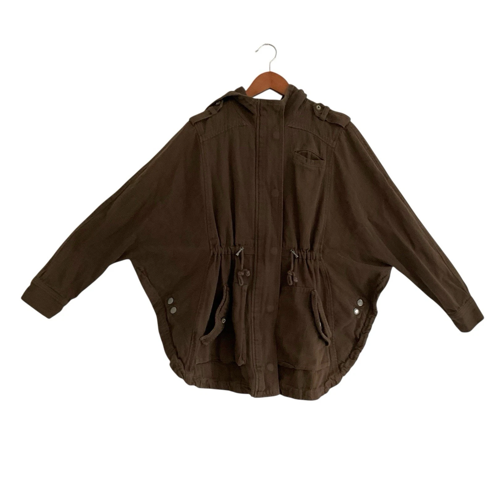 Vtg Free People 1970 Batwing Utility Hooded Jacket Sz S Brown Boho Poncho 90s