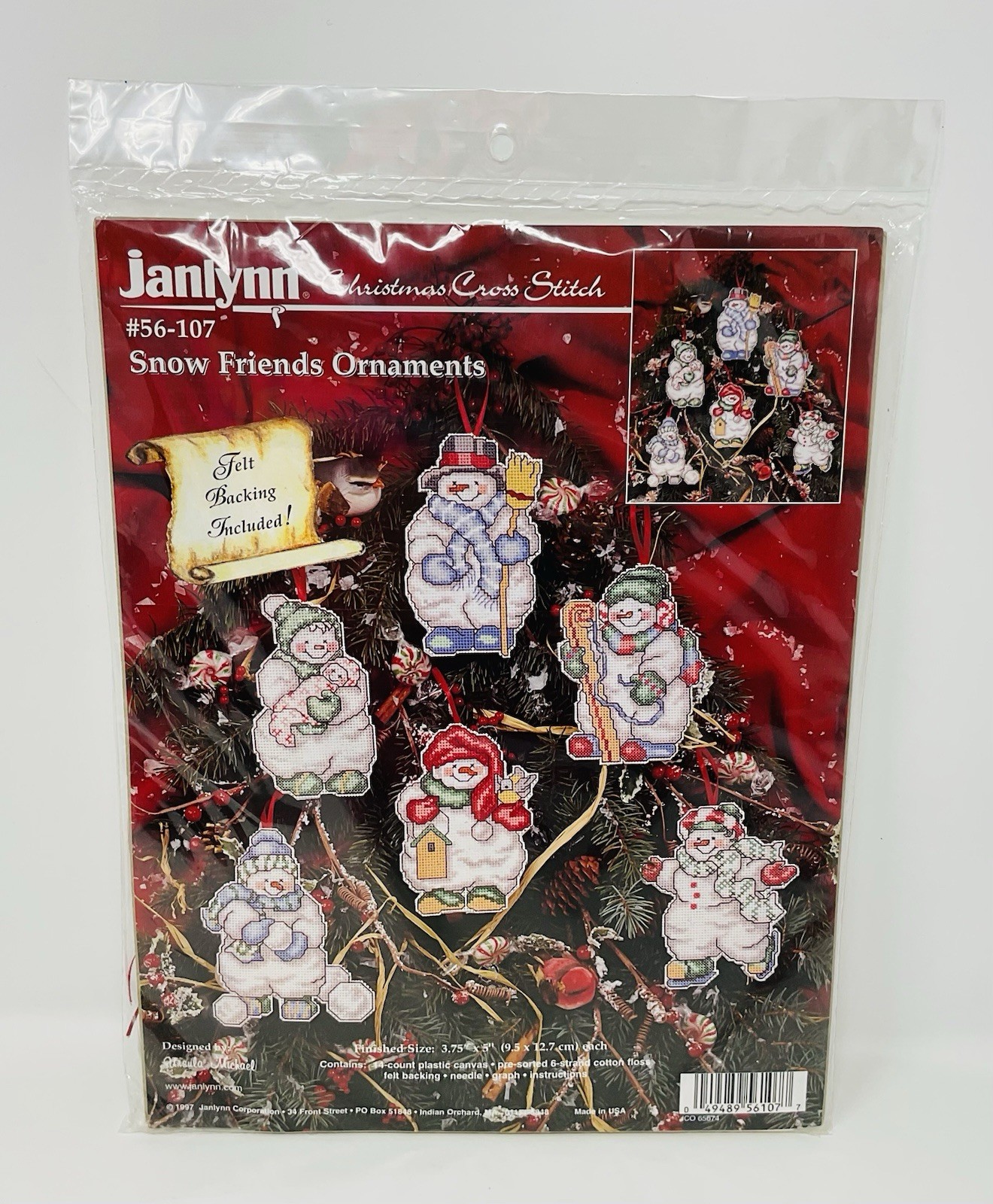 Janlynn Counted Cross Stitch Snow Friends Snowman Ornaments #56-107 NIP VTG 1997