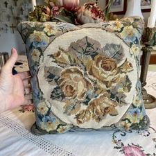 Vtg Embroidered Imperial Elegance Wool Throw Pillow Roses Needlepoint Square 14"