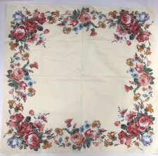 Vintage scarf floral pattern featuring cream background red pink rose motifs.