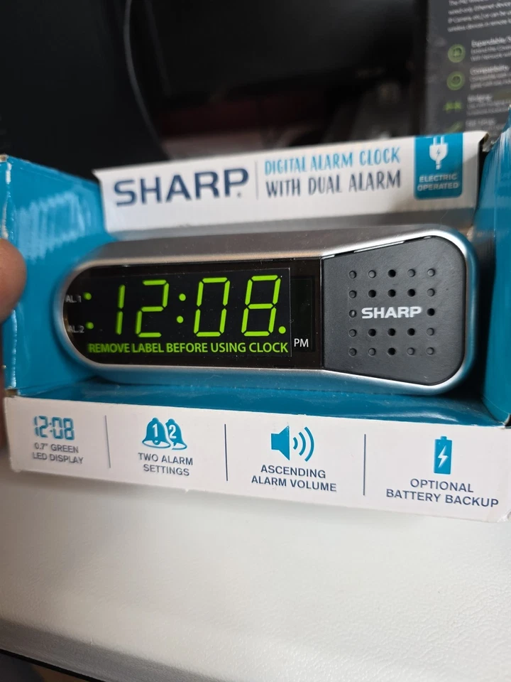 Relógio despertador digital SHARP, elétrico com bateria de backup, alarme duplo, LED verde, NOVO - Imagem 4 de 4
