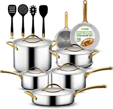 16-Piece Stainless Steel Kitchenware - Pots & Pans Set Clad Kitchen Cookware wit