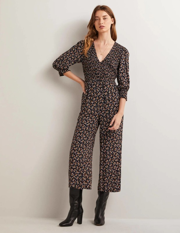 Boden NWT Smocked Bodice Black Berry Sprig Jumpsuit US Size 12 REG