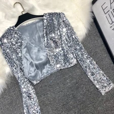 Women Long Sleeve Sequin Crop Jacket Cardigan Top Stage Dance Shirt Costume Slim