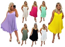Ladies Pleated Frill Hem Strappy Cami Summer V-Neck Oversized Swing Dress Top