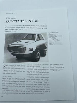 1969 Kubota Talent 25 Tractor Frameable Article Pics Specs Display