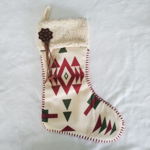 Southwestern Pattern Christmas Stocking Leather Metal Design On Top Velour  - Picture 1 of 9