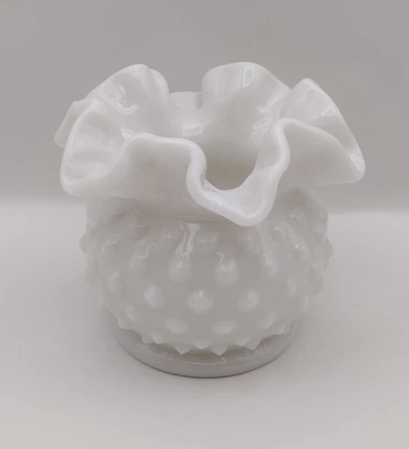 Vintage Fenton White Milk Glass Hobnail Bud Vase Ruffled 3" Small Flower Art