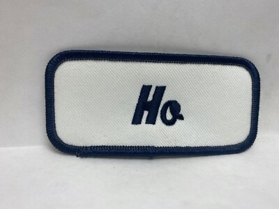H0  USED EMBROIDERED  SEW ON NAME PATCH TAGS DARK BLUE ON WHITE