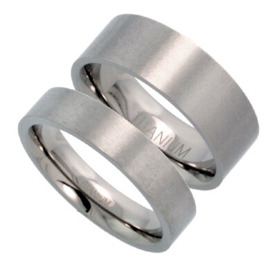 Titanium Hers (5mm) & His (8mm) Flat Wedding Band Ring Set, Brushed Finish