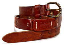 Vtg Hand Tooled Leather Belt-Stitched Segments-Brown-Brass Buckle-Western-32