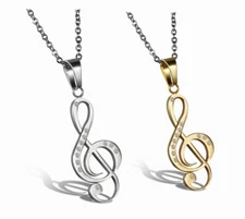 Women Stainless Steel Charm Rhinestone Treble G Clef Music Note Pendant Necklace