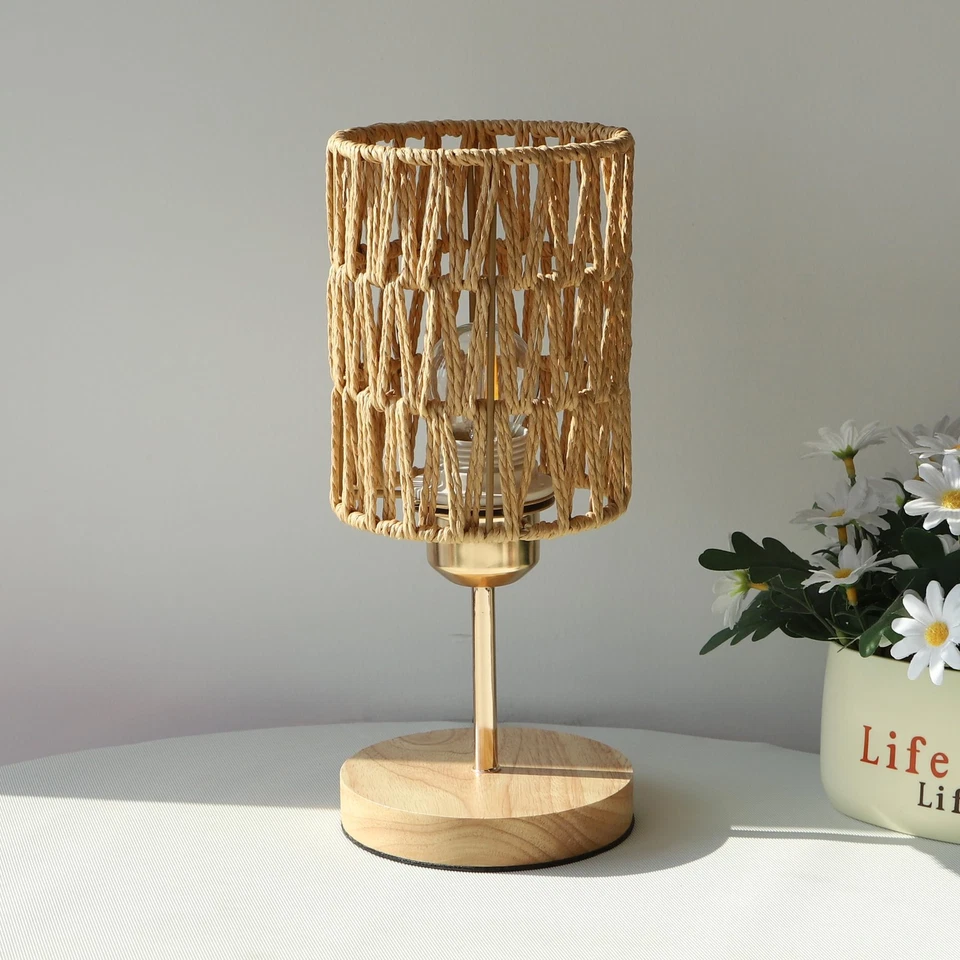 Lámpara de Mesa Boho Pequeña con Bombilla,Lámpara Rústica de Ratán para Dormitorio,Lámpara de Noche... Foto 3 de 4