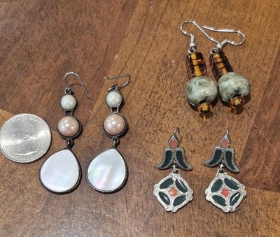 Three Pair Dangling Earring Lot, Flat Pearl Abolone, Enameled And Natural Stone 