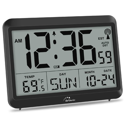 WallarGe Atomic Digital Wall Clock Battery Operated, 8.5 inches, Black 